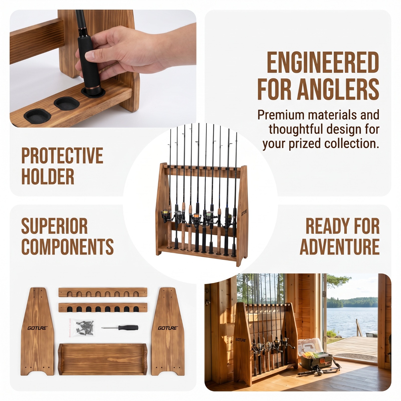 Fishing Rod Rack - Goture 10-delige gecarboniseerde dennenhouten hengelsteun, eenvoudige